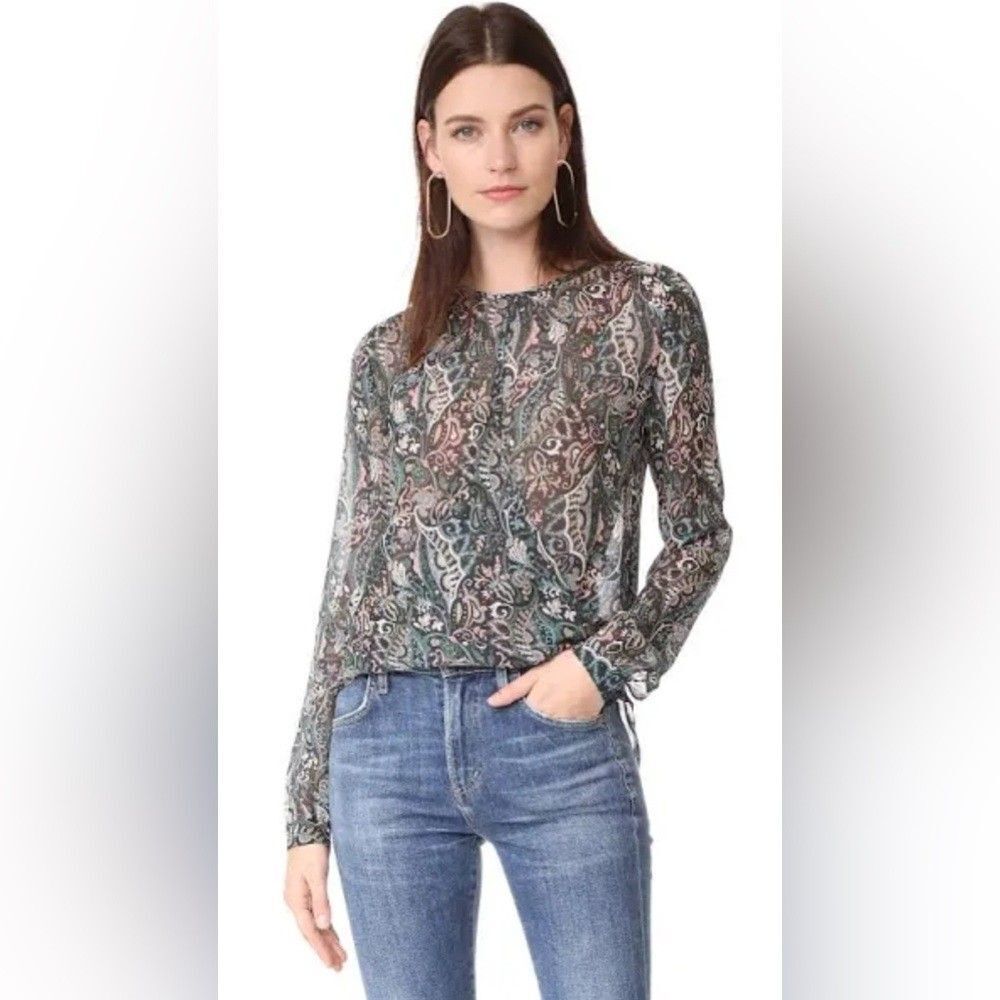 Veronica Beard Gayle Surplice Top 0 Multicolor Paisley Silk Sheer Long Sleeve